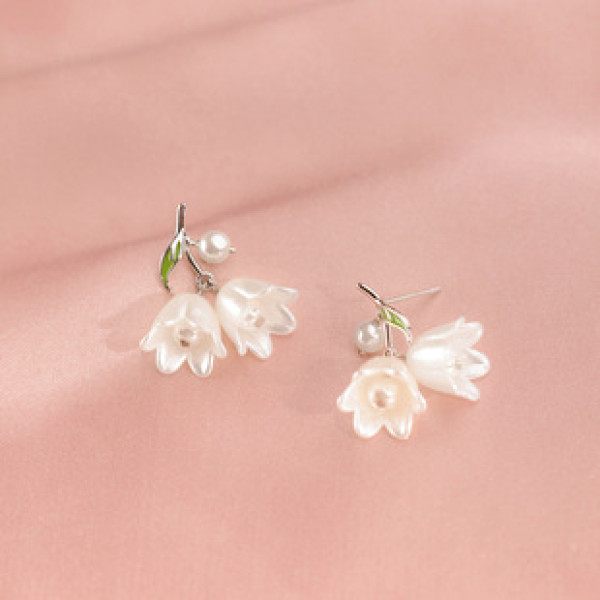 A39085 s925 sterling silver gold flower stud sweet artificial pearl earrings