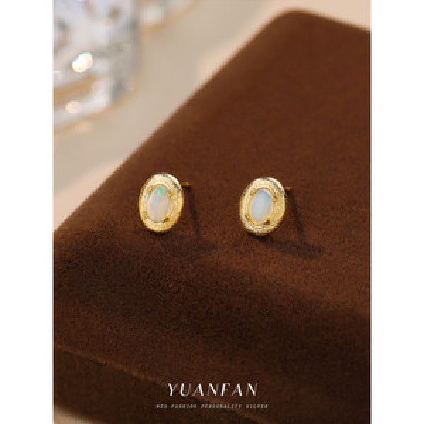A43638 s925 sterling silver natural opal oval stud geometric earrings