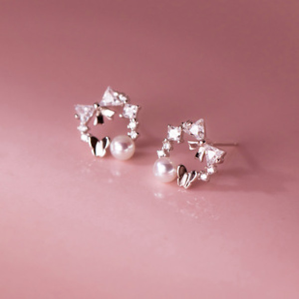 A38743 s925 sterling silver rhinestone butterfly pearl stud sweet earrings
