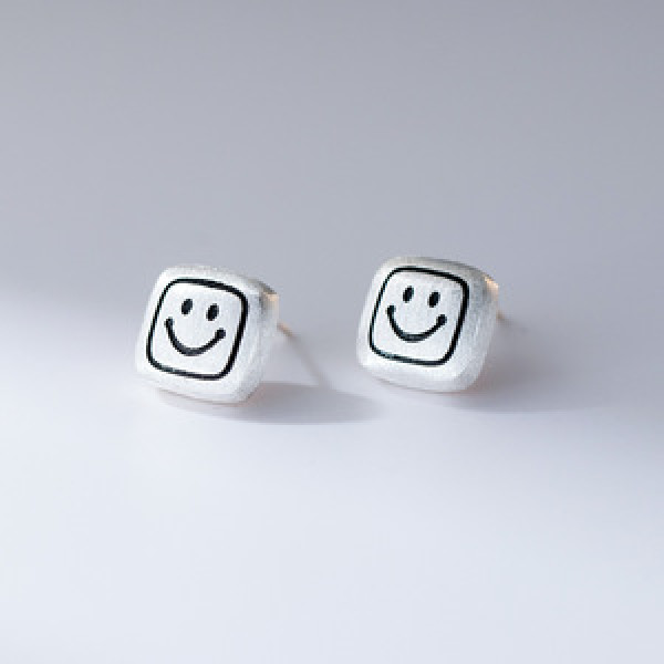 A46161 s925 sterling silver dainty simple square bar smilingface stud earrings