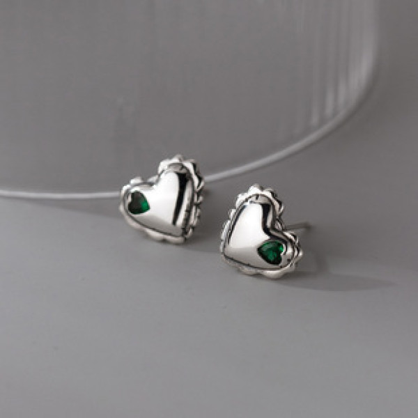 A38170 s925 sterling silver stud heart green rhinestone earrings