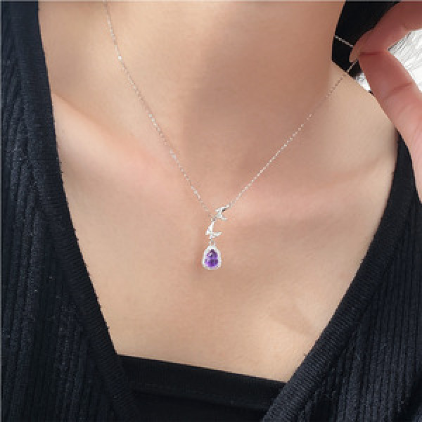 A45842 s925 silver trendy sweet rhinestone purple crystal butterfly necklace