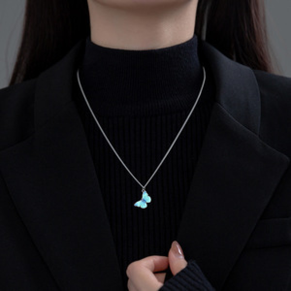 A45416 s925 silver trendy elegant blue butterfly sweet necklace