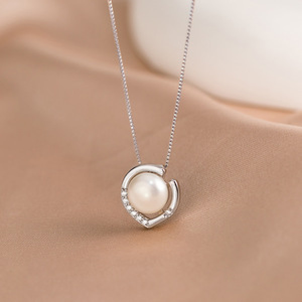 A43580 s925 sterling silver unique rhinestone heartshape pearl necklace