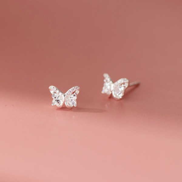 A44132 s925 sterling silver trendy sweet heart rhinestone butterfly stud earrings