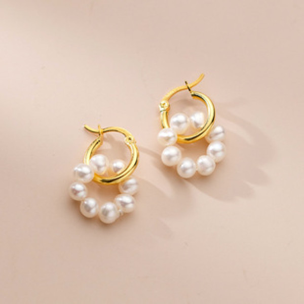 A33916 s925 sterling silver simple trendy pearl circle chic earrings