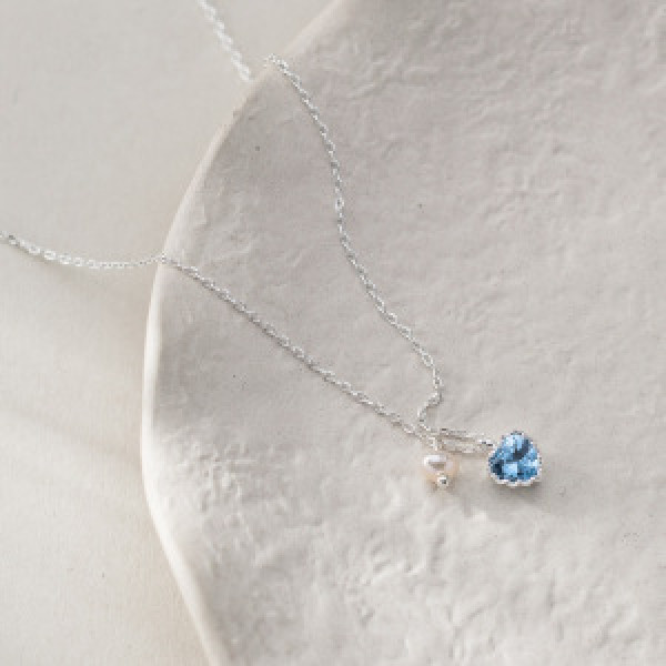 A46185 s925 silver sweet dainty rhinestone heart pearl necklace