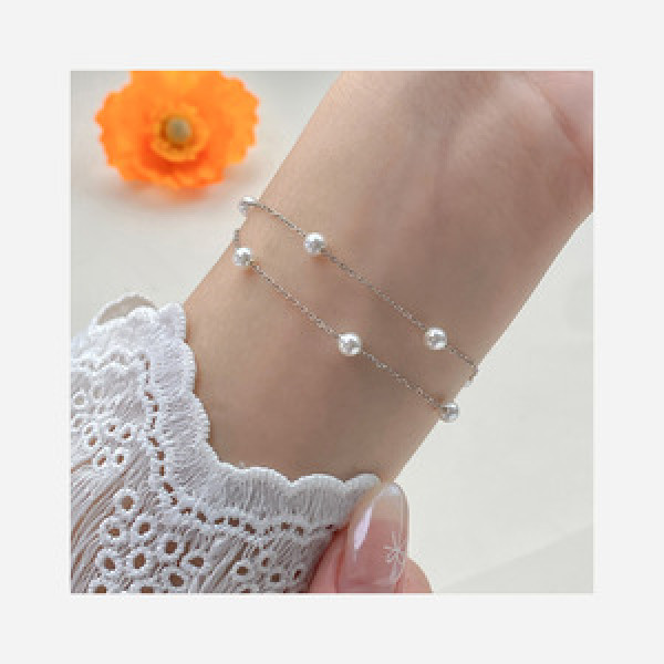 A43765 s925 silver trendy sweet dainty double layered charm bracelet