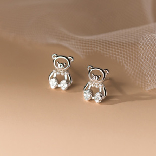 A38513 s925 sterling silver rhinestone bear stud cute elegant earrings