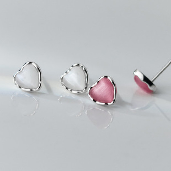 A38492 s925 sterling silver artificial cateye agate stud heart sweet elegant earrings