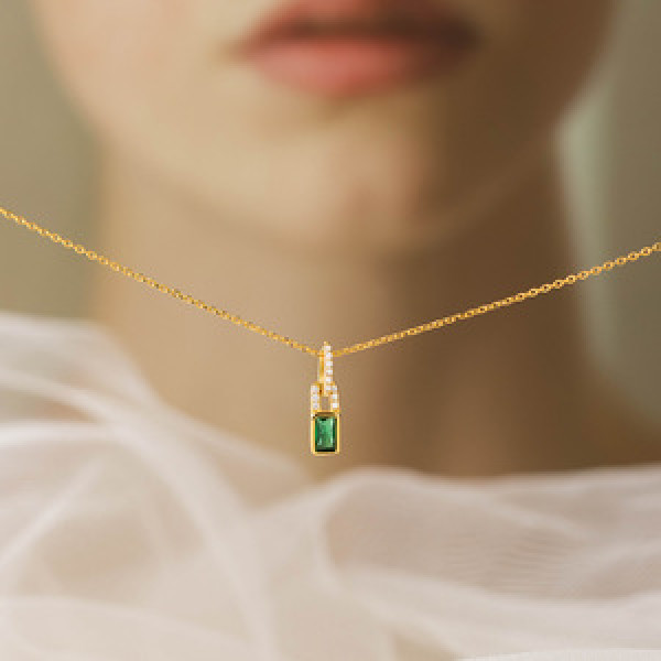 A44161 s925 silver trendy sweet rhinestone green oval necklace