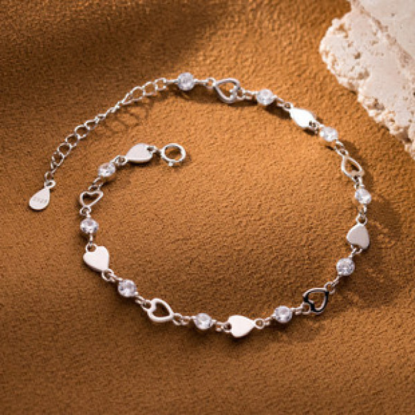 A37457 s925 sterling silver rhinestone heart charm sweet trendy dainty bracelet