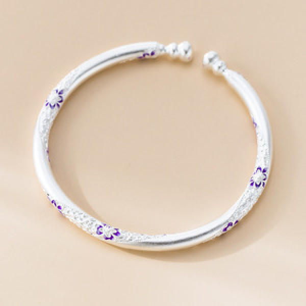 A45838 silver enamel purple flower double simple bangle bracelet