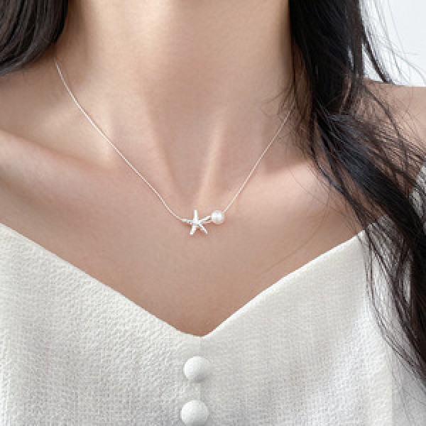 A45816 s925 sterling silver trendy sweet dainty simple natural pearl starfish necklace