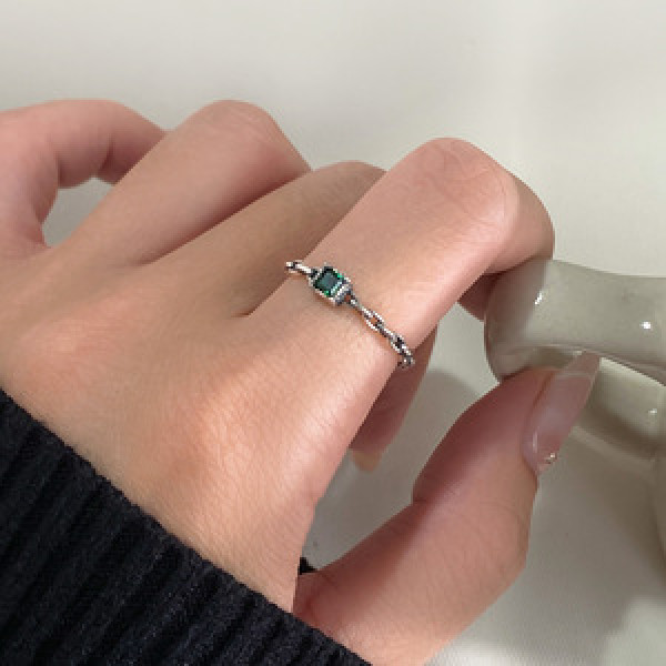 A44144 s925 sterling silver green rhinestone adjustable chain bar square ring