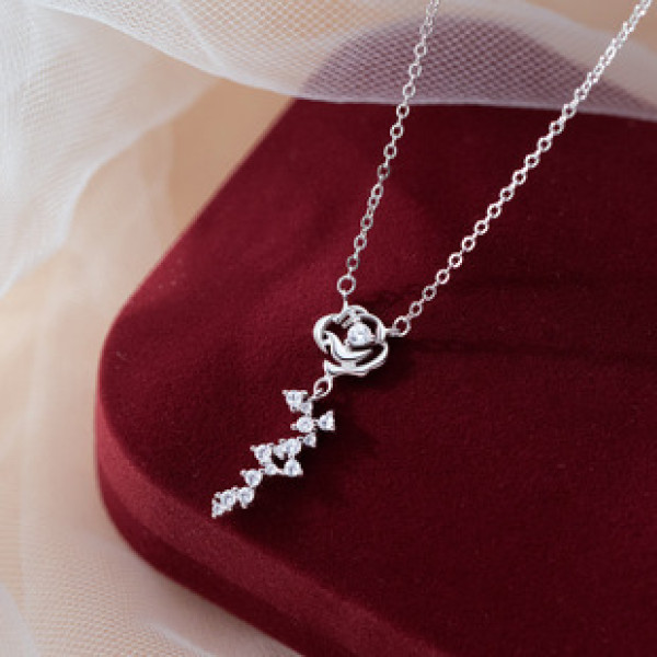 A43450 s925 sterling silver sweet rhinestone rose elegant fashion necklace