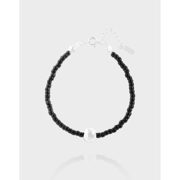 A39870 design minimalist black agate ball beaded charm sterling silver bracelet