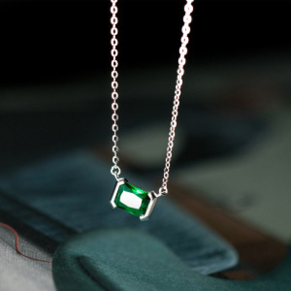 A44477 s925 sterling silver green rhinestone vintage elegant necklace
