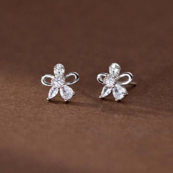 A39990 s925 sterling silver elegant rhinestone flower stud cute dainty earrings