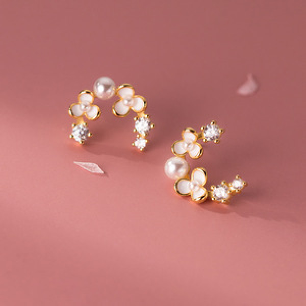 A43496 s925 sterling silver artificial pearl rhinestone flower stud earrings