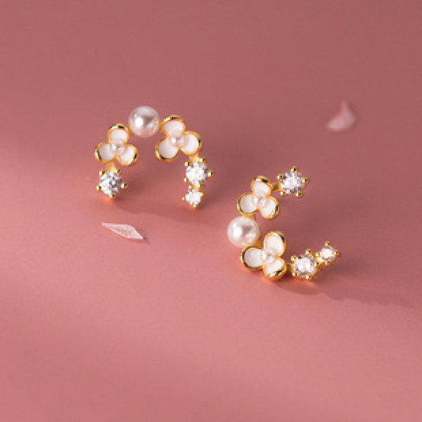 A38349 s925 sterling silver artificial pearl rhinestone flower stud elegant earrings