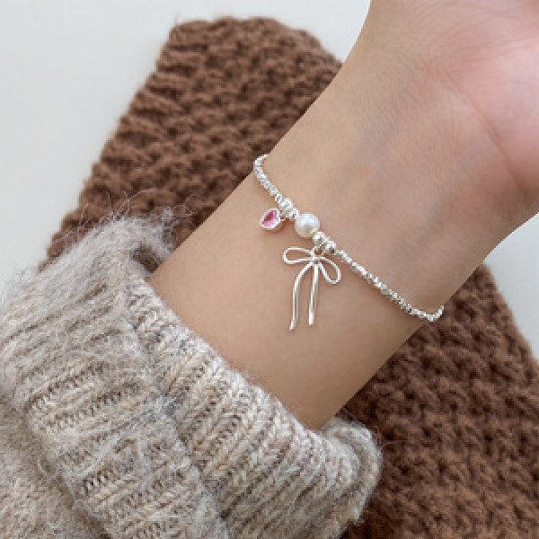 A44260 s925 silver pink heart butterfly pearl charm trendy bracelet