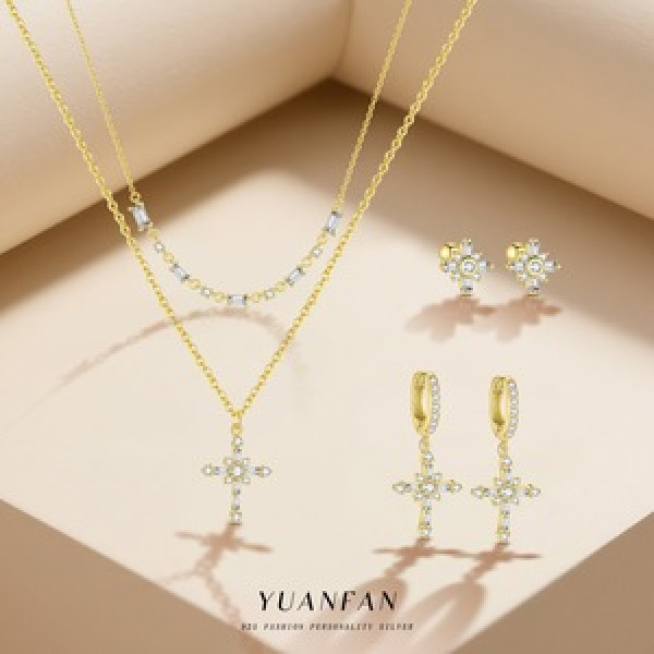 A46337 s925 sterling silver extra cubic zirconia cross set stud earrings necklace