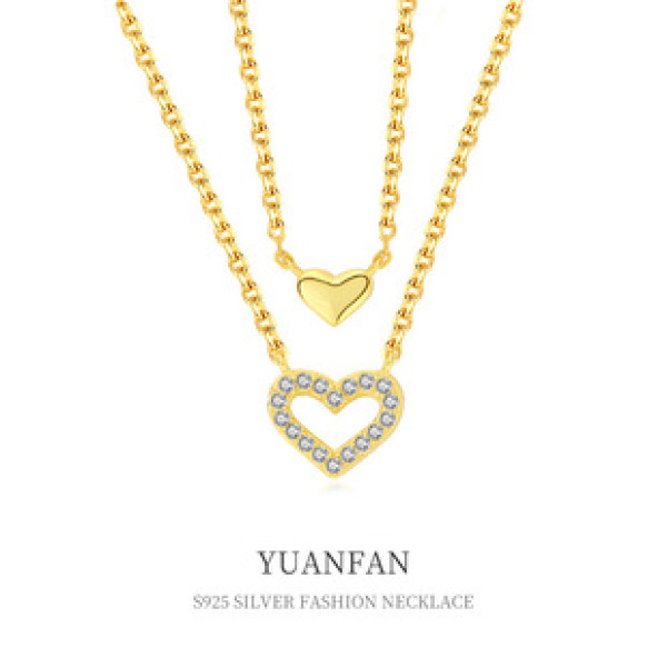 A38636 sterling silver double doublelayer layered heart cubic zirconia necklace