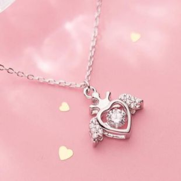 A40123 s925 silver sweet hollowed heart sparkling rhinestone wing crown necklace