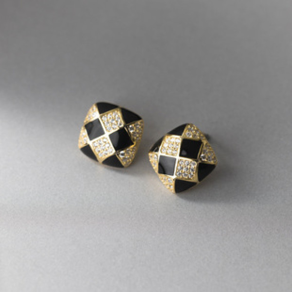 A37999 s925 sterling silver rhinestone stud square goldplated gold earrings