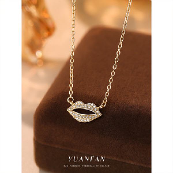 A43631 s925 sterling silver statement lip pendant rhinestone necklace