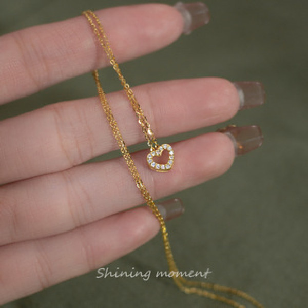 A41951 s925 silver rhinestone hollowed heart heartshape simple necklace
