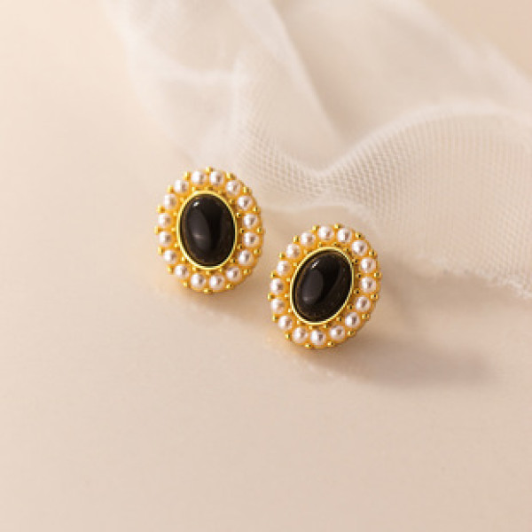 A37879 s925 sterling silver oval artificial pearl agate stud earrings