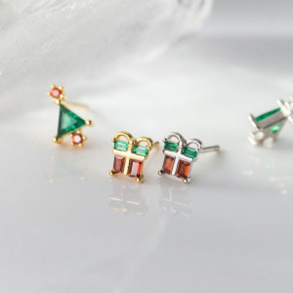 A44793 s925 sterling silver rhinestone christmas tree stud cute sweet earrings