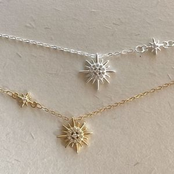 A44337 sterling silver cubic zirconia stars simple necklace