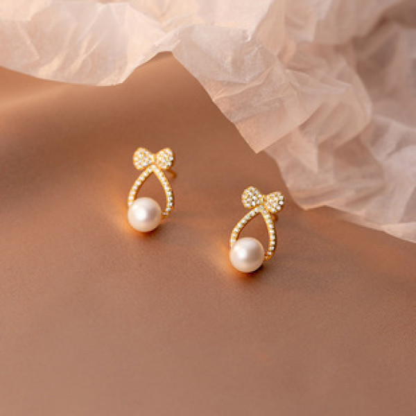 A33268 s925 sterling silver trendy bow pearl earrings