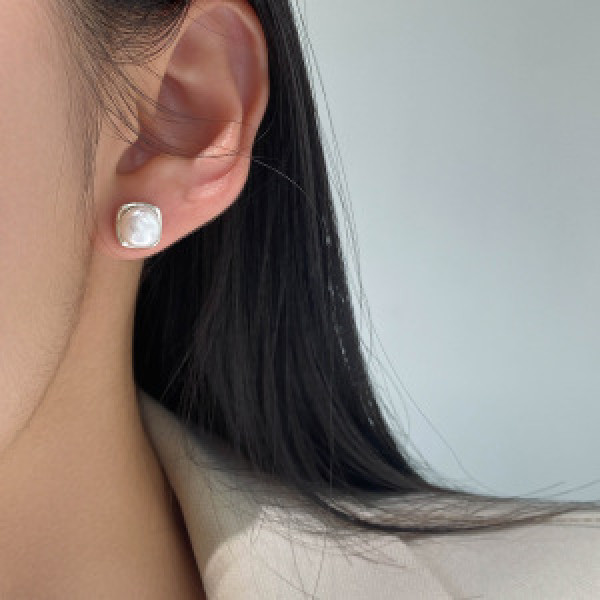 A46228 s925 sterling silver sweet fashion pearl square stud earrings