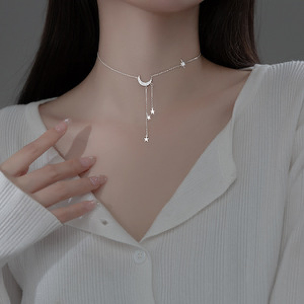 A45381 s925 silver sparkling rhinestone moon fringe trendy short necklace