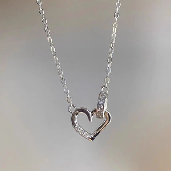A44919 s925 silver sweet rhinestone heart circle necklace