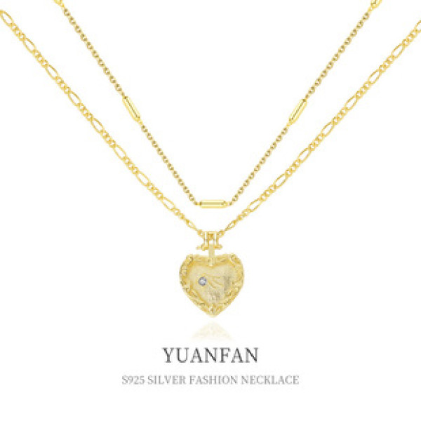 A37545 sterling silver double doublelayer heart vintage cubic zirconia necklace