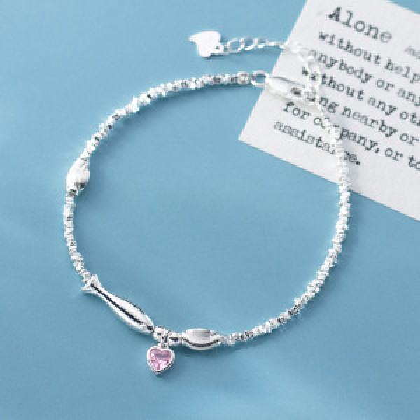 A46352 s925 silver dainty grade pink rhinestone heart cateye charm bracelet