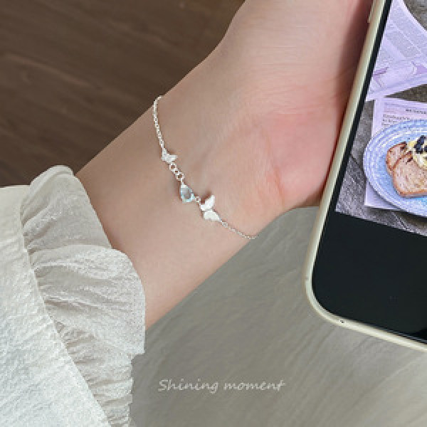 A46191 s925 silver sweet teardrop rhinestone butterfly charm bracelet