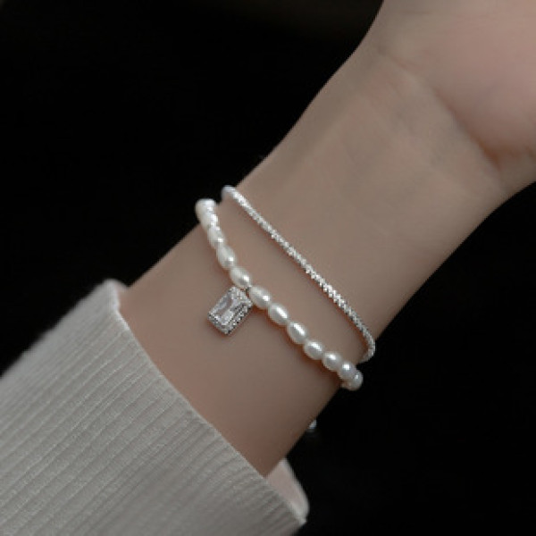 A35006 s925 sterling silver sparkling square pearl starlight charm bracelet