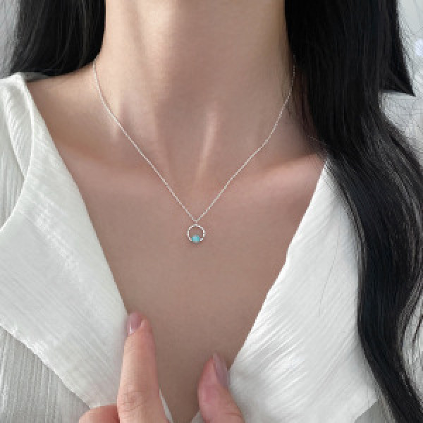 A46329 s925 silver sweet dainty green opal circle necklace