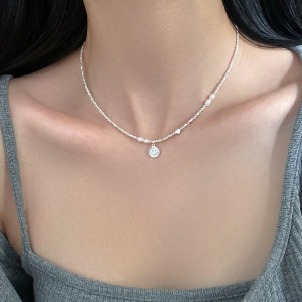 A46374 s925 silver sweet heart smilingface natural pearl necklace