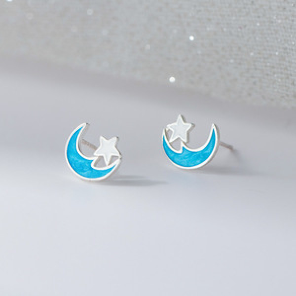 A46203 s925 sterling silver sweet blue stars moon stud earrings
