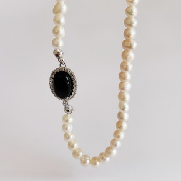 A32900 925 sterling silver black agate freshwaterpearl necklace