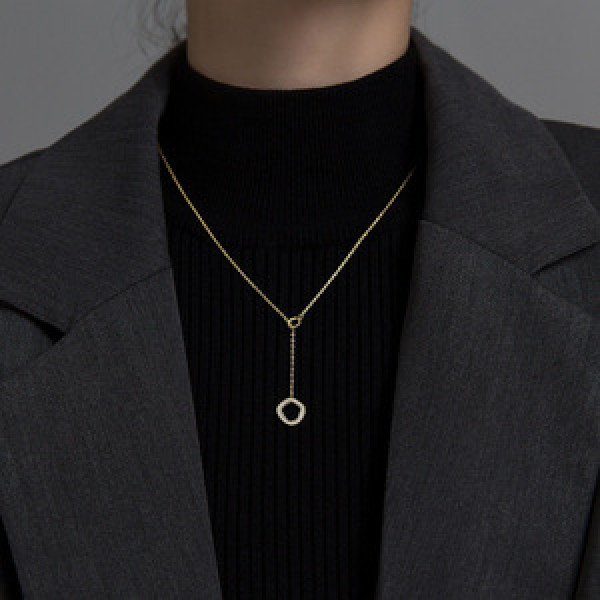 A45419 s925 silver circle geometric simple sparkling rhinestone necklace