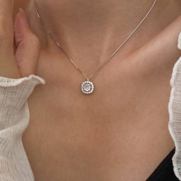 A42769 s925 silver square rhinestone simple elegant trendy necklace