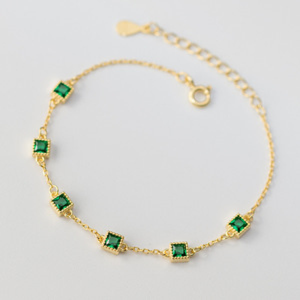 A43769 s925 silver trendy sweet dainty square green rhinestone charm bracelet